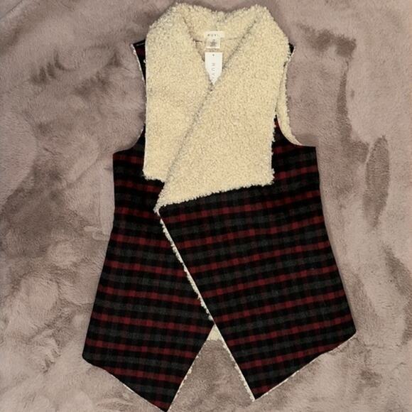 NWT Ruyi Red Plaid Faux Shearling Wool Big Collar Vest Jacket One Size - Picture 1 of 4